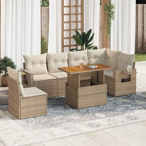 Canapé d'angle jardin 7 pièces en résine tressée beige avec coussins lavables et table réglable 100x55 cm (1/5)