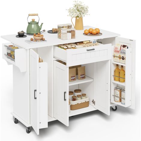Îlot de cuisine avec plan de travail rabattable, desserte sur roulettes, meuble avec 4 portes et 1 tiroir, étagères à épices intégrées dans les portes, porte-serviettes double face, 120×45(70)×95 cm