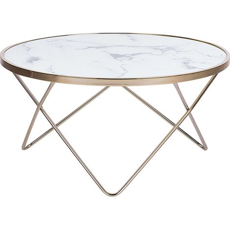 Beliani – Table basse ronde en verre imitation marbre blanc – Structure en métal doré – Dimensions 80x80x40 cm – Design moderne et élégant (1/5)