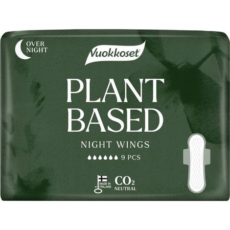 Compresas sanitarias VUOKKOSET de origen vegetal con alas, para la noche, 9 unidades. (1/5)