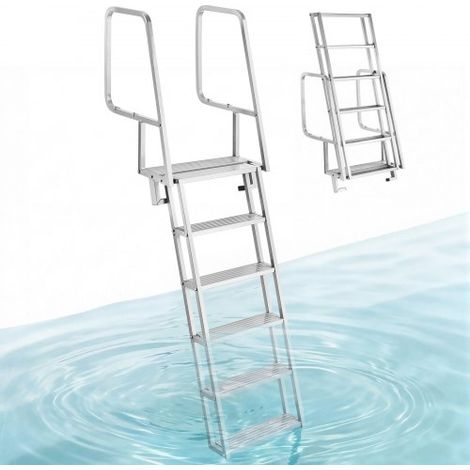 Échelle de Ponton 6 Marches Relevable,Échelle de Baignade en Alliage d'Alu pour Lac,Piscine et Bateau,avec Mains Courantes et Corde de Traction,Charge Max. 159 kg,Marches Antidérapantes (1/3)