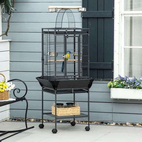 Cage Oiseaux Perroquets Roues Perchoirs Mangeoires Pont Arqué Étagère Plateaux Amovibles Volière Cacatoès Nymphe Gris 62,5x62,5x156cm