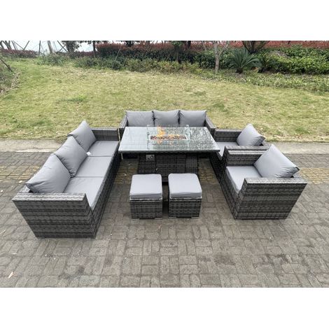 Fimous 10-Sitzer Outdoor PE Rattan Gartenmöbel Gas Feuergrube Esstisch Set Lounge Sofa 2-teilige Sessel Mit 2-Hockern Dunkelgrau gemischte Terrasse (1/5)