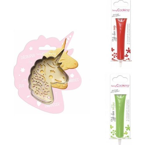 Kit pour biscuit en relief Licorne + 2 Stylos au chocolat rouge et vert clair
