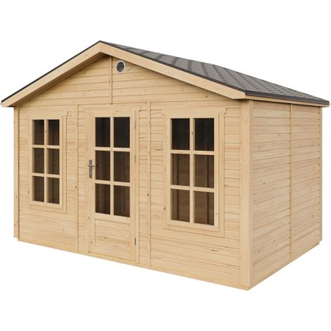 TIMBELA M734+M734G Gartenhaus Holz 370x240 cm, Gerätehaus aus Holz mit 2 Fenstern aus gehärtetem Glas, Glastür, Gartenhütte mit Bitumenschindeln, mit Boden (1/5)
