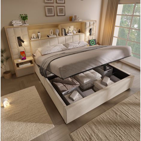 Polsterbett 160x200 cm Beige mit Stauraum, LED, 2 Lampen, 2 Nachttischen, USB-C, Lattenrost (1/5)