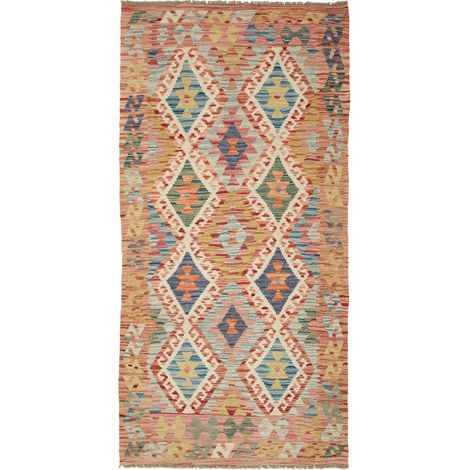 Tapis kilim 100 x 208 cm, ethnique, multicolore bleu et rouge, en laine naturelle, tissé plat artisanal du Pakistan (1/5)