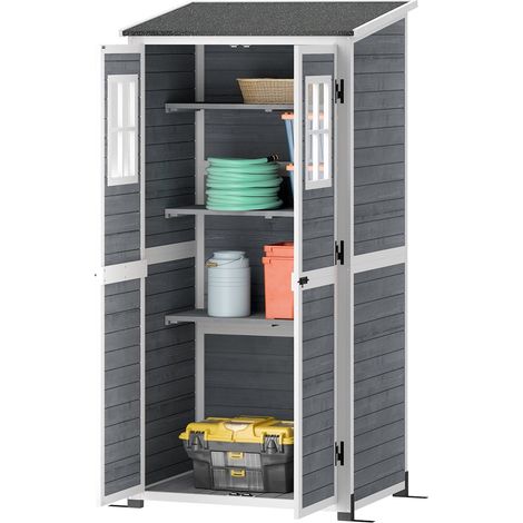 Gartenschrank Holz, Geräteschuppen mit Abschließbar Tür 2 Fenstern Bodenplatte Asphalt-Pultdach Ablage 91x69x192cm, wetterfest Geräteschrank, Gerätehaus für Garten, Terrasse, Hellgrau