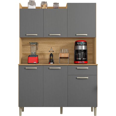 Beaux Meubles Pas Chers – Buffet de cuisine 6 portes 1 tiroir imitation chêne et gris – Dimensions L 121.5 H 176 P 36.3 cm – Bois certifié FSC – 5 pieds en plastique