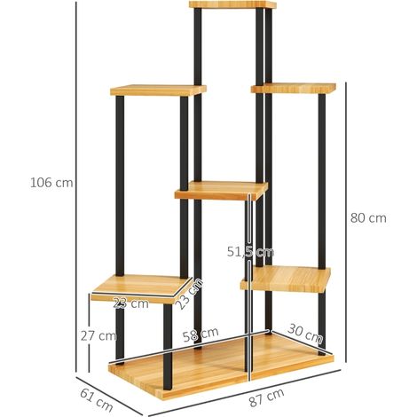 Support à plantes à 7 niveaux pour intérieur et extérieur, étagère plante en acier et bois, bois naturel (1/4)
