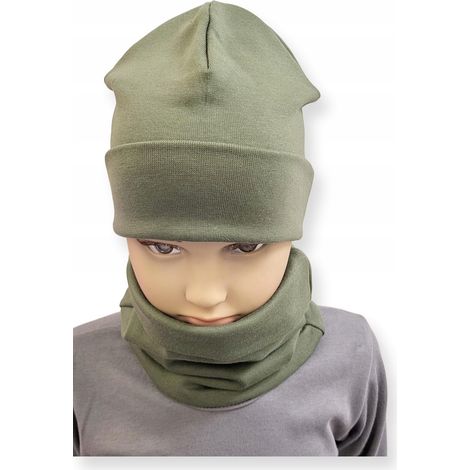 Ensemble bonnet + écharpe enfant taille 52-56 double olive