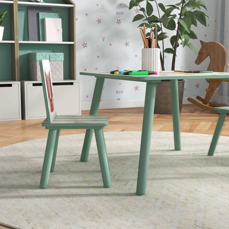 Juego de mesa infantil con 2 sillas (60x60x44 cm), para dibujar y hacer deberes, motivo lúdico, madera verde (1/5)