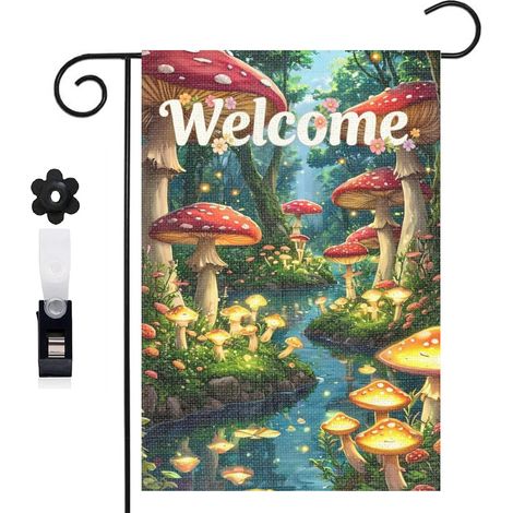 Drapeau de jardin bienvenue 30 x 45 cm motif champignons et décor forestier toile double face (1/5)