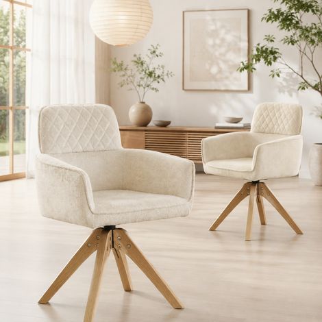 Sillas de comedor 2 unidades, giratorias 360°, crema con patas de madera OKMYHOME (1/5)