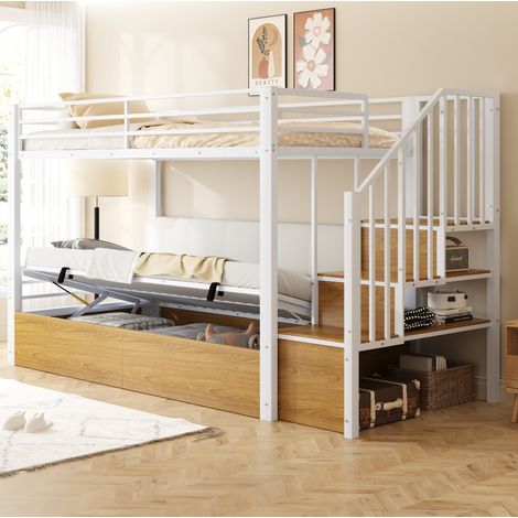 Cama alta 90x200 cm blanca de metal y MDF, escalera con almacenaje (1/5)