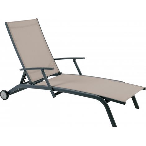 Transat inclinable avec accoudoirs – Structure aluminium légère – Dossier et siège en texaline – 5 positions – Roues de 12cm – Coloris taupe – KB8