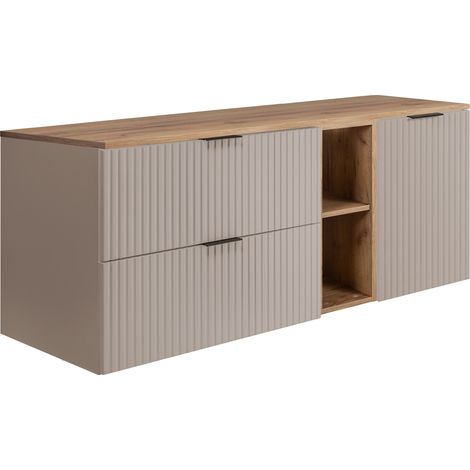 Set da bagno: mobile con cassetti, mobile con ante e ripiano 57×46×140 cm, colore: Cashmere / Rovere Craft, maniglia nera (1/5)