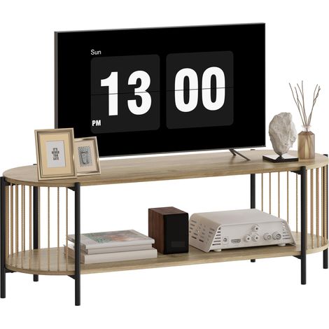 Meuble TV style bohème pour téléviseurs jusqu'à 55 pouces, orné d'un motif de corde en papier et doté de 2 étagères ouvertes. Dimensions : 124 x 43,5 x 41 cm. Couleur : Naturel.