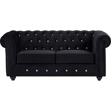 Canapé 2 places en velours noir et boutons effet cristal CHESTERFIELD (1/4)