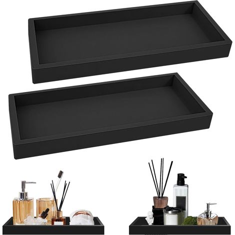 2 Pièces Plateau Decoratif Rectangulaire, 20 x 10cm Plateau Salle de Bain, Organisateur de Salle de Bain, Silicone, pour Savon, Serviette, Bijoux Bague, Noir (1/5)