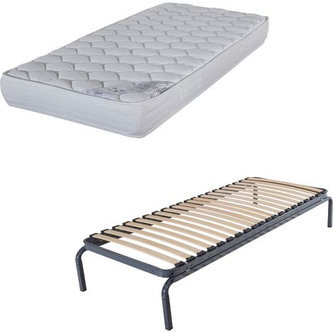 Lit métal + matelas Montana - 80x190 - Mousse - 20 lattes bois - Gain de place (1/5)