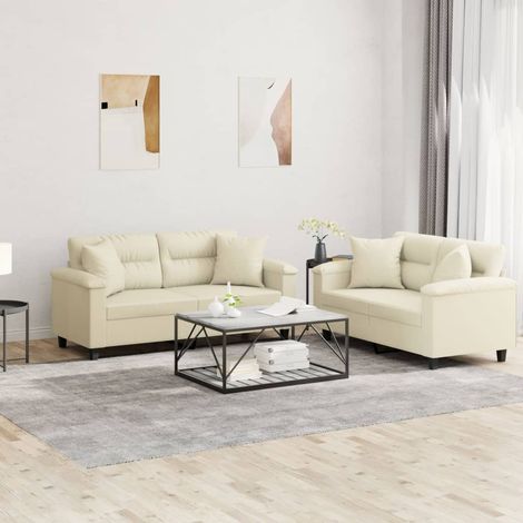 2-tlg. Sofagarnitur mit Kissen Creme Kunstleder