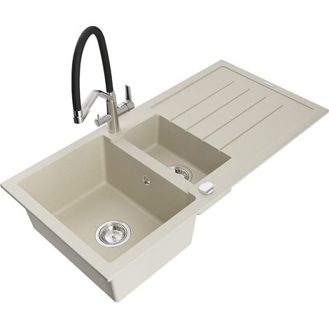 Mexen Andres 1,5-Becken-Granitspüle mit Abtropffläche und Mischbatterie Duo, Beige - 6515-69-671701-