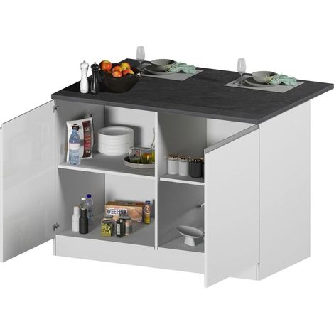 Dmora - Isola da cucina Analiza, Armadio multiuso, Mobile per cucinotto, Tavolo ausiliario, 100% Made in Italy, 125x90h90 cm, Bianco lucido e Ardesia