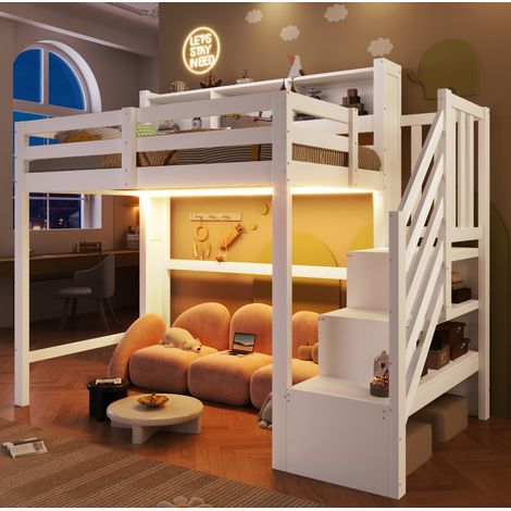 Lit mezzanine 90x200 cm - Avec LED - Avec escalier avec rangement et garde-corps - En pin et MDF - Blanc - Sans matelas (1/5)
