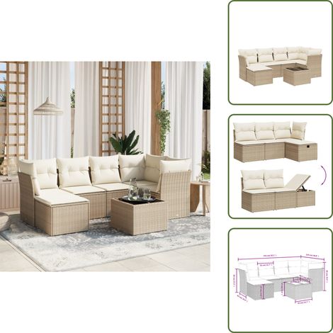 7-tlg. Garten-Sofagarnitur mit Kissen Beige Poly Rattan - Gartenmöbel Set - PE-Rattan Gartenmöbel - Outdoor Sofa - Esstisch - Lounge Set (1/5)