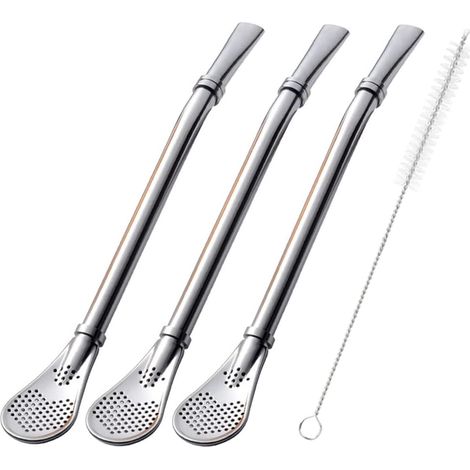 Set di 3 cannucce colorate riutilizzabili per yerba mate, ideali per tè, caffè e cocktail, in acciaio inox curvato, con filtro a spirale e cucchiaino per la pulizia (argento). (1/5)