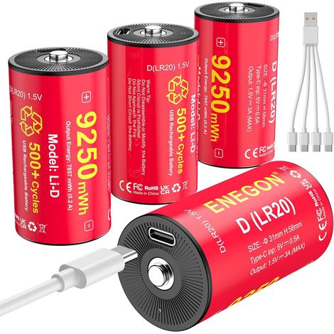 Lot de 4 Piles D Rechargeables - 9250 mWh - 1,5 V - Lithium D (LR20) - avec câble de Charge USB-C - pour Lampes de Camping, Lampes LED et Jouets (1/5)
