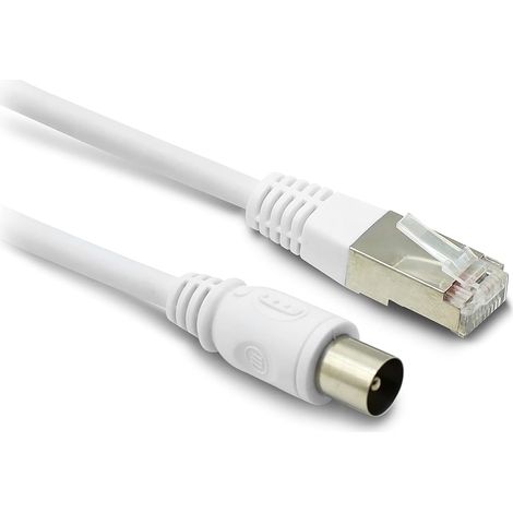 METRONIC 395285 Câble RJ45 / TV coaxial 9,52mm Prise Mâle/Male pour réception Television, TNT, Satellite, Décodeur, Antenne - Fil 2 mètres blindé à contact dorés - Blanc (1/5)