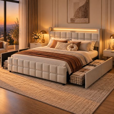 Lit double 180x200 cm avec 4 tiroirs, lit adult avec Lumière LED, tête de lit capitonné avec 2 USB, Cadre Métallique, sommier à Lattes, Lin beige (1/5)