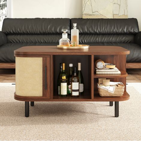 Table basse 80x60x46,5 cm noyer avec rangement, surface tressée, MDF et métal MEUBLIV (1/5)