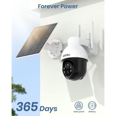 AOSU 2K Telecamera Wi-Fi Esterno Senza Fili a Batteria, 360° PTZ Videocamera Sorveglianza con Pannello Solare, 2.4GHZ & Bluetooth, Visione Notturna a Colori, Allarmi PIR, Rilevazione di Movimento (1/5)