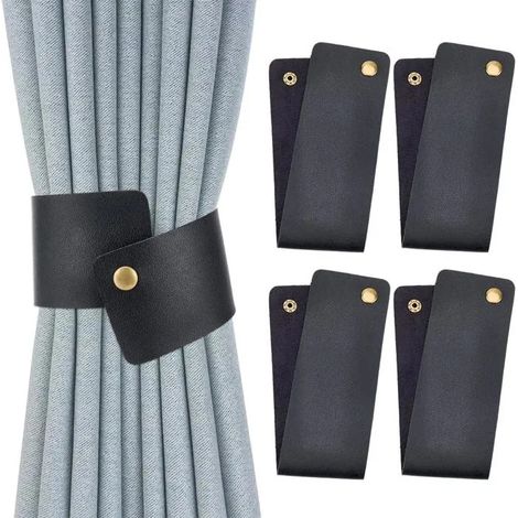 Embrasses de rideaux en cuir PU noir, style vintage élégant, avec bouton pression pour fenêtre. Idéal pour salon, chambre, bu - Noir (1/5)