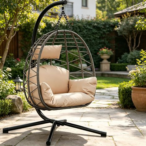 Fauteuil Suspendu Pliable – Beige – Cadre Métal support 150kg – Balançoire Œuf jardin extérieur 105×105×196 cm (1/5)
