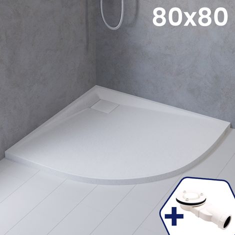 BADLAND Duschwanne 80x80x3,2 VIDAR Weiß Verbundwerkstoff Duschtasse Viertelkreis, Steinoptik, mit Ablaufgarnitur Ø 90 mm (1/5)