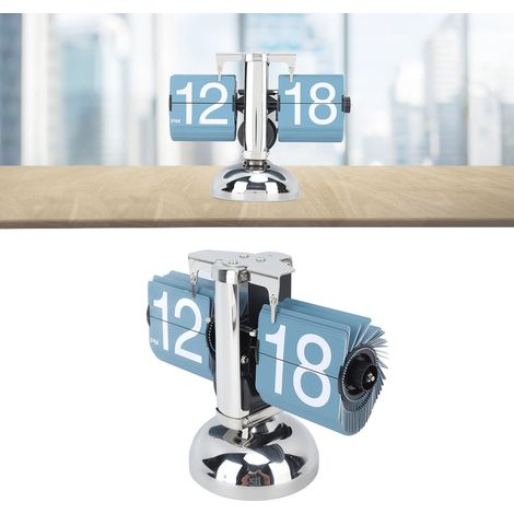 Automatische Umblätteruhr im europäischen Stil aus Edelstahl 304, Retro- und schlichte Wohnzimmeruhr, kleine mechanische Uhr mit drehbarem Pendel, 12 Stunden, einbeinig, blau. (1/5)