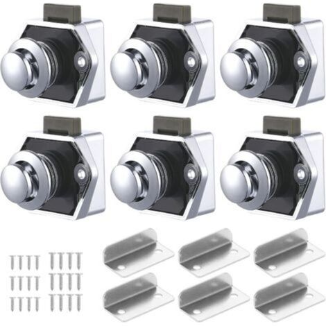 Lot de 6 loquets à bouton-poussoir en alliage de zinc Verrouillage sans clé pour portes et tiroirs de 15 à 20 mm d'épaisseur