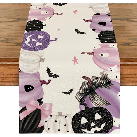 Nappe d'Halloween violette et blanche à motifs de citrouilles Jack-O-Lantern, décoration de table saisonnière pour la cuisine, idéale pour la décoration intérieure, 33 x 183 cm (1/4)