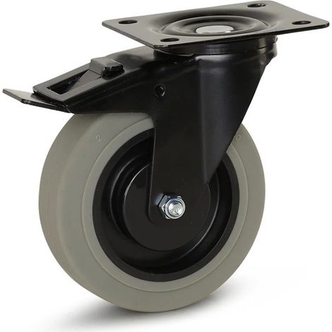 Roue pivotante freinée - MESO - Caoutchouc gris - 125mm - 180kg - Boîtier noir - Platine