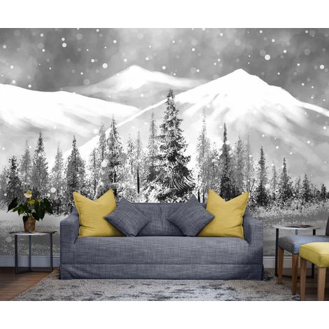 Papier Peint Noir et Blanc - Neige en Montagne - 150 x 250 cm (1/2)