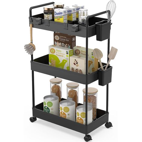 Chariot de Rangement Slim, Organisateur de Rangement pour Chariot Roulant à 3 Niveaux, Chariot de Rangement sur roulettes, Panier en Maille avec Poignées Ergonomiques, Noir, 22x40x66cm (1/5)