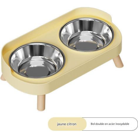 Gamelle surélevée pour chat - Acier inoxydable, double bac (32,5 × 17 × 10 cm) - Protection du cou - Jaune