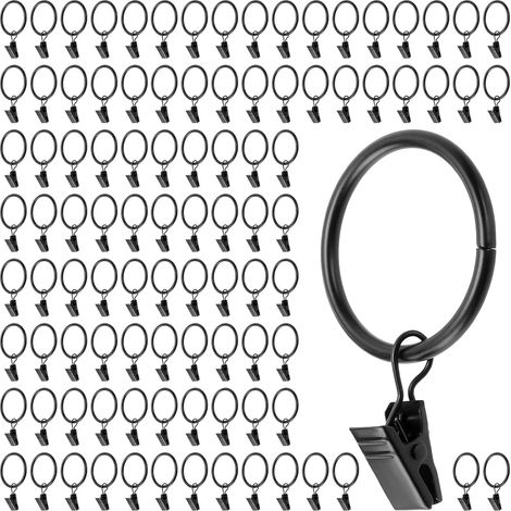 Lot de 100 Anneaux de Rideau avec Clips et Crochets - Diamètre Intérieur 35mm - Fil 3,5mm - Noir - Fer - pour Rideaux Salon Chambre Bureau (1/5)