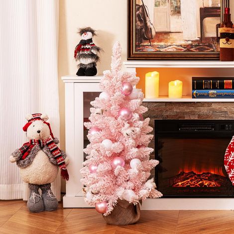 COSTWAY Mini Sapin de Noël Artificiel 90 cm, Sapin de Noël Pré-décoré avec 12 Boules de Coton Naturel, 24 Boules Décoratives, Pointes de Branches Floquées de Neige, Décoration de Fête (Rose) (1/5)