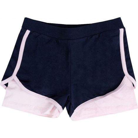 Pantalones cortos dobles con calzoncillo de ciclismo 2 en 1 para educación física y gimnasia, rosa y azul marino, 122/128 Ł002B