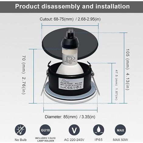 Spot Encastré Étanche IP65, Luminaire étanche blanc mat Plafonnier LED, Aluminium coulé, Angle 38°, Coupe 68mm - ampoules GU10, Éclairage salon cuisine chambre (1/4)